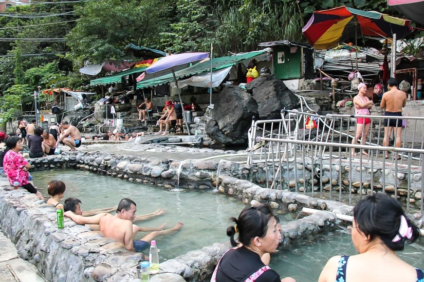 Stone hot spring pools at Wulai riverside thermal hot spring