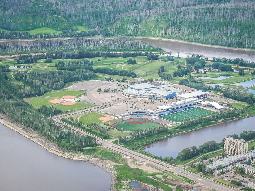 Aerial shot of Macdonald Island Park (Mac Island Park) on Fort McMurray