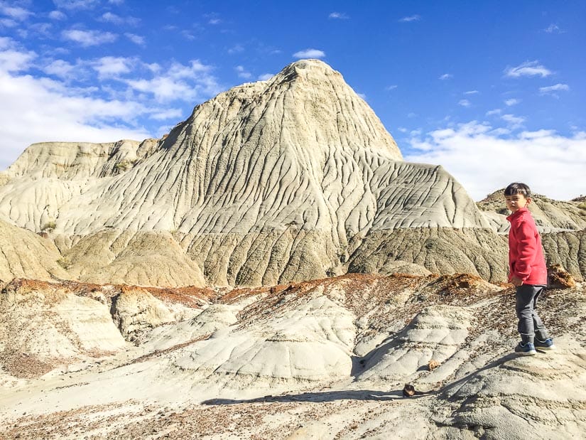 My son standing amongst the amazing bandlands during our Dinosaur Provincial Park camping trip