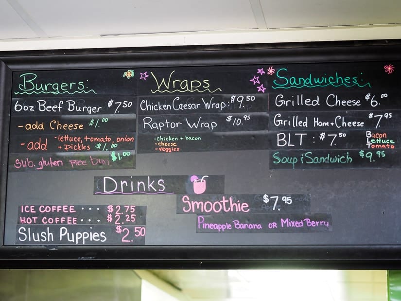 Second picture of food menu at Dinosaur Provincial Park campground restaurant cafe