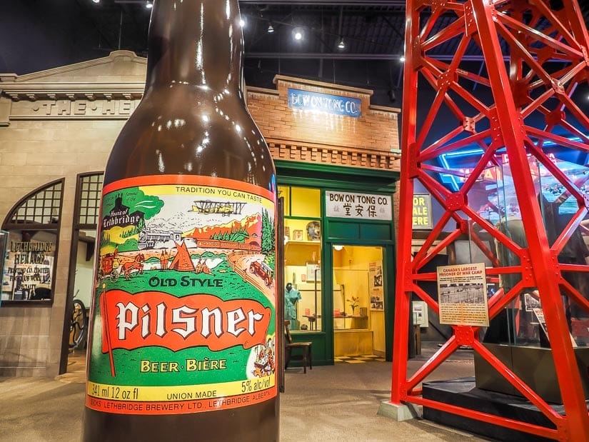 Giant Lethbridge Pilsner beer and other displays in Lethbridge Galt Museum Discovery Hall