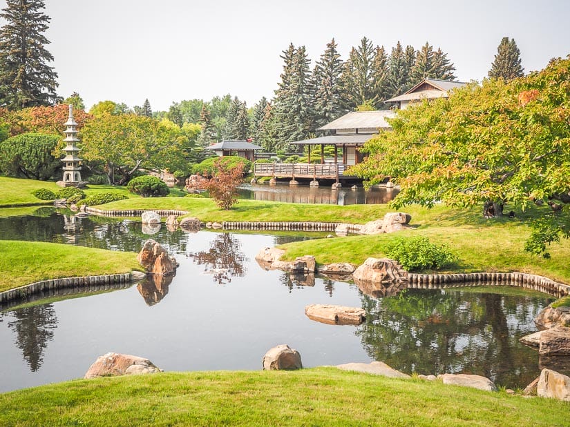 View of gardens and pavillion at Nikka Yuko Japanese Garden, one of the top things to do in Lethbridge