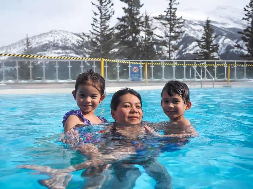 My wife and two kids in Upper Hot Springs in winter