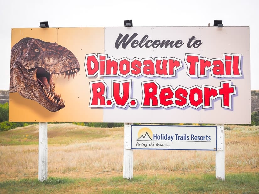 Sign at Cactus Coulee Fun Park, an amusement park in Drumheller, and Dinosaur Trail RV Resort