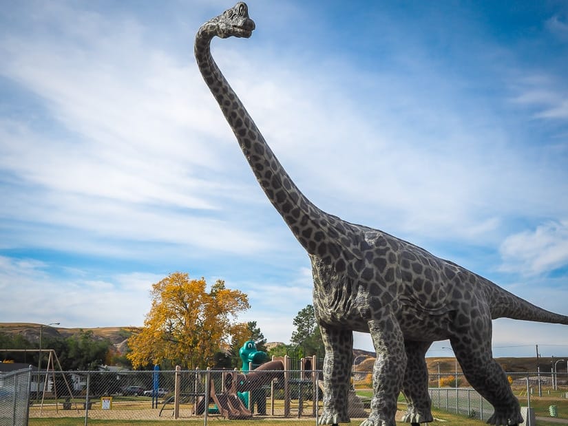 Huge brachiosaurus at Dinosaur Trail Playground in Drumheller