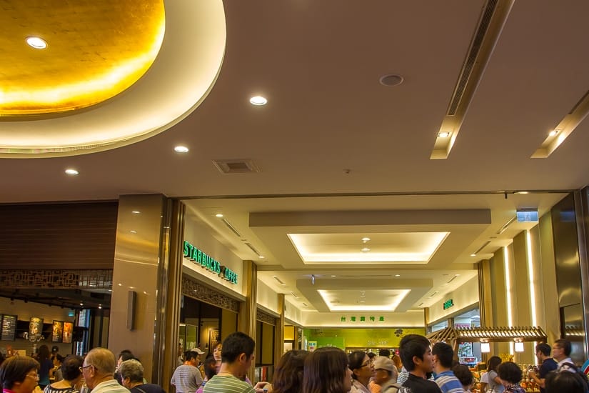 Inside the front hall of Foguangshan Buddha Museum. Note the Starbucks!