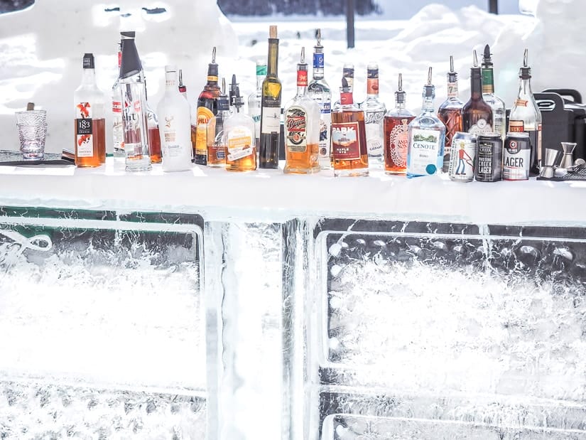 Bottles of booze in an ice bar beside Lake Louise, Banff National Park
