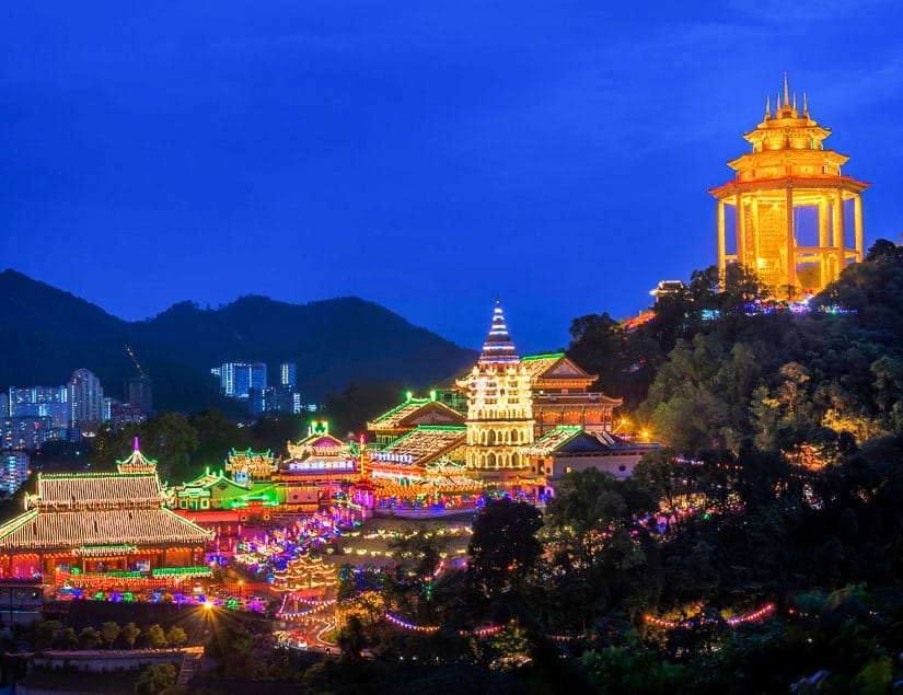 Kek Lok Si Temple, Penang, Malaysia at dusk with lanterns during Chinese New Year