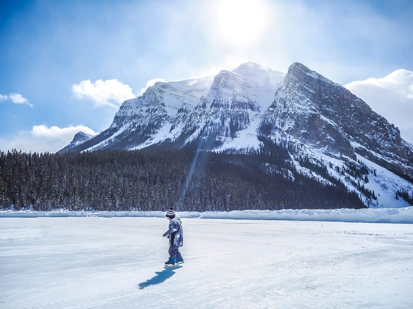 My son ice skating on Lake Louise, one of the best activities in Banff in winter