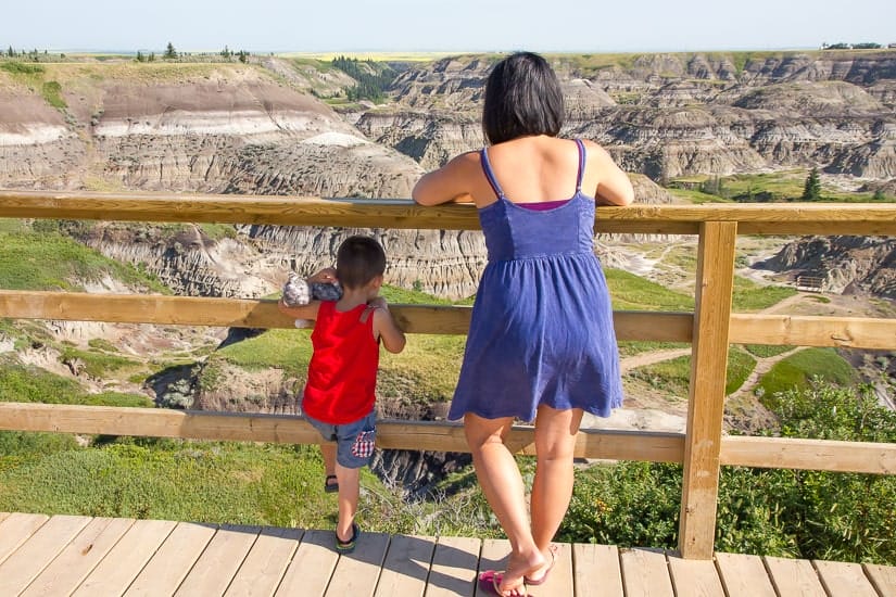Mother and son looking down on Horseshoe Canyon from a viewpoint