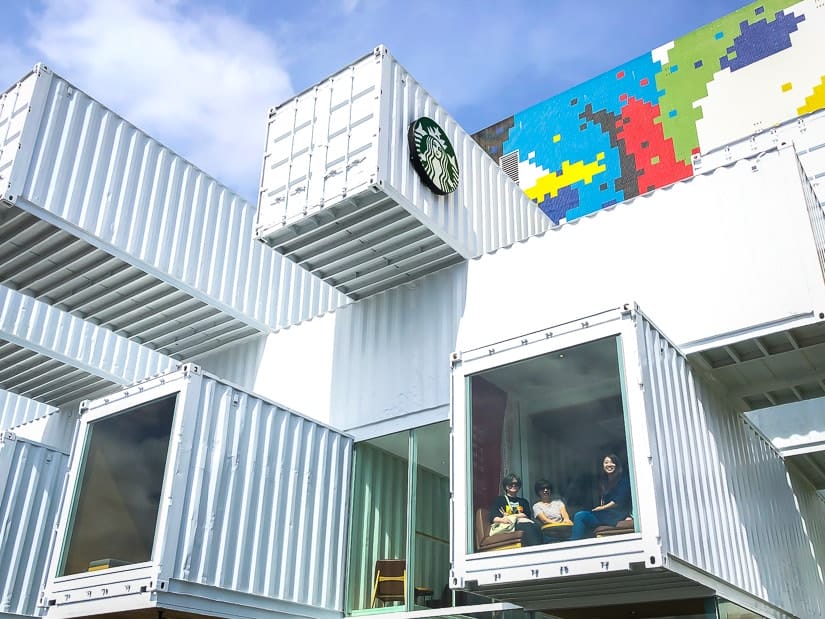 People dining in the Hualien Shipping Container Store, one of the coolest Starbucks in Taiwan