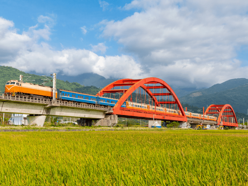 Taiwan train crossing Kecheng Iron bridge in Yuli, Hualien