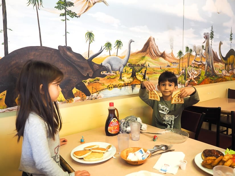 Our kids eating in WHIFS Flapjack House, one of the best places to eat in Drumheller with kids