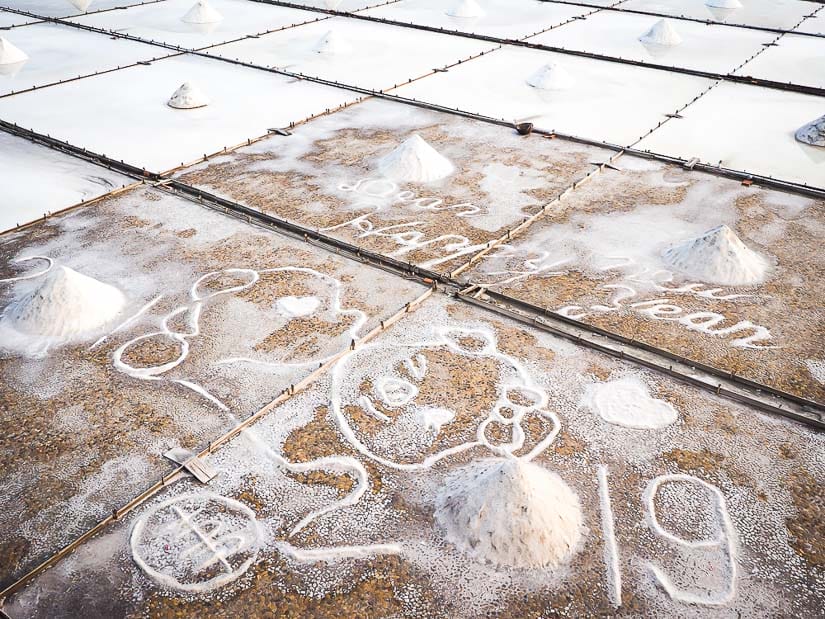 Designs in the salt made by visitors at Jingzaijiao Salt Fields Tainan