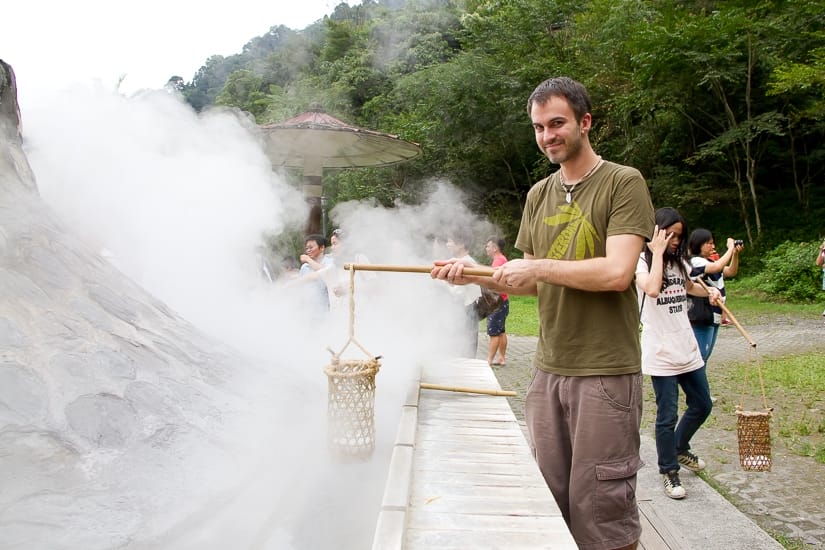 Me cooking eggs at Jiuzhize Hot Spring in Yilan