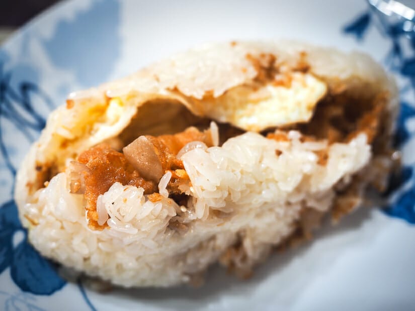A fan tuan, or sticky rice wrap, common in Taiwan for breakfast