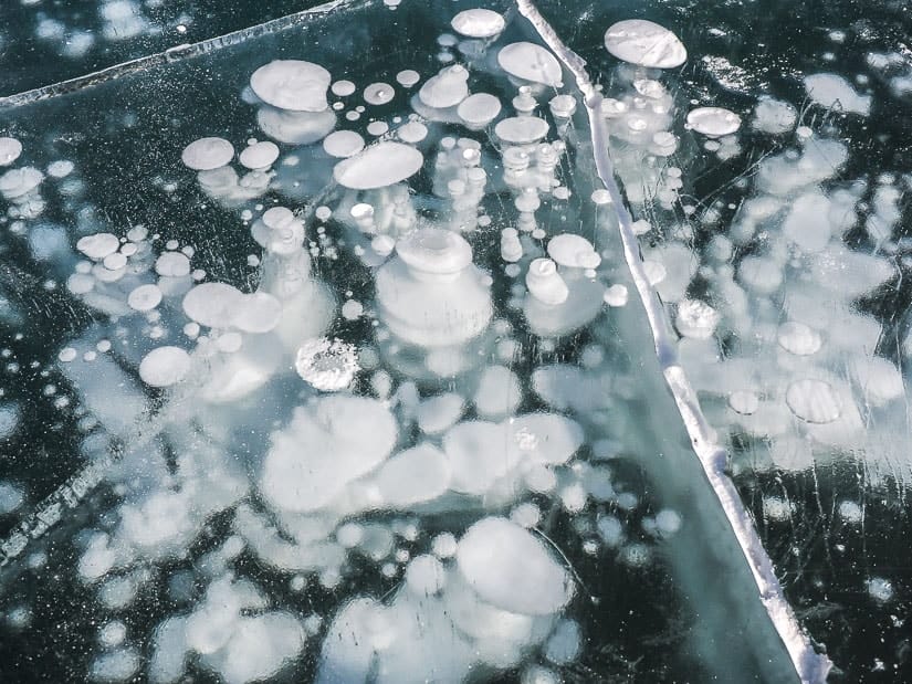 Layers of frozen methane bubbles in Abraham Lake, also called the "Ice Bubble Lake"