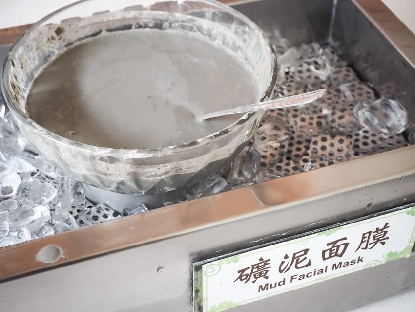 Bowl of mud for rubbing on your face in the hot spring facility