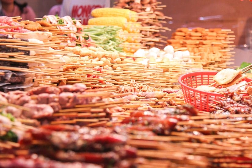 A whole bunch of skewered BBQ sticks of meat and other foods in Taiwan