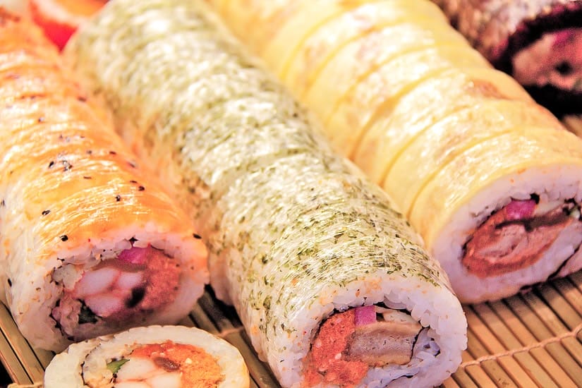 Rolls of Taiwanese sushi (maki rolls) on display