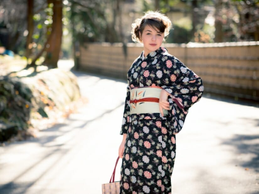 A young woman wearing a kimono in Kamakura