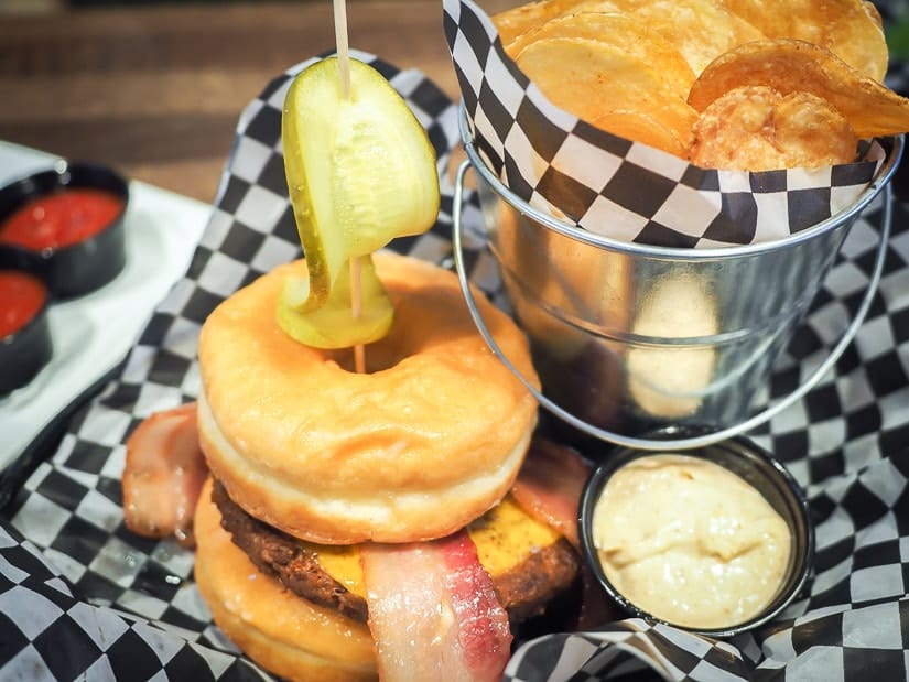 Donut burger at 1st Round, a restaurant in West Edmonton Mall