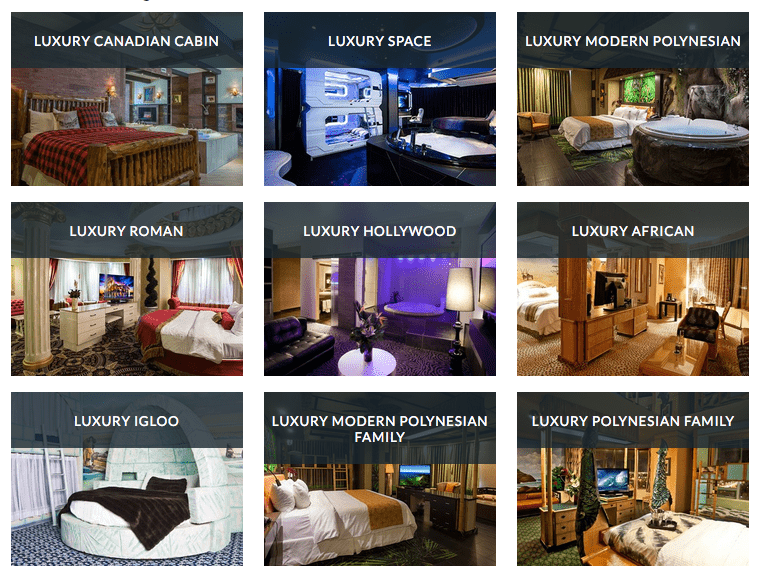 Different themed rooms available on the West Edmonton Mall Fantasyland Hotel website