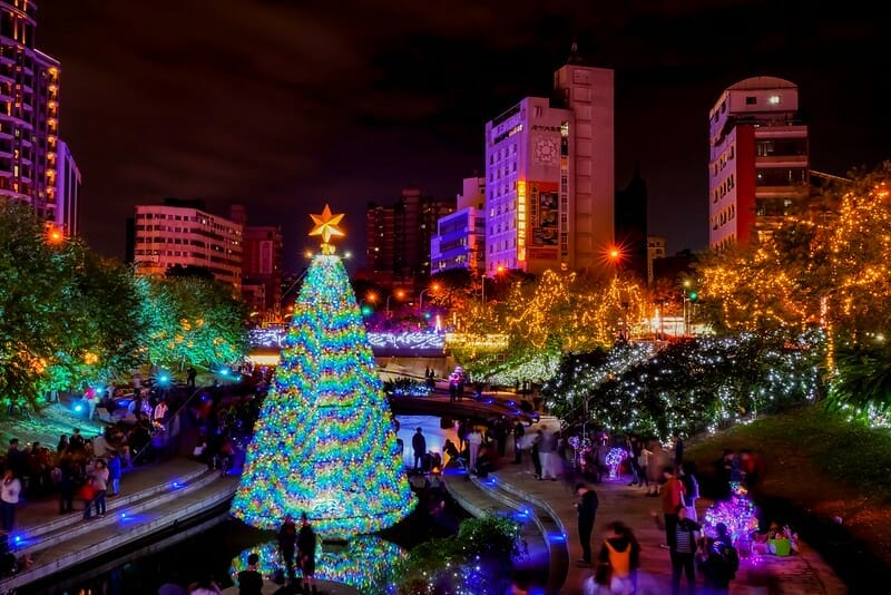 Liuchuan Riverside Canal in taichung with Christmas lights