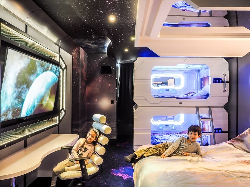 Inside the space themed room at Fantasyland Hotel