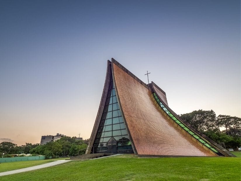 A tent-shaped orange and glass chapel called Luce Chapel in Taichung