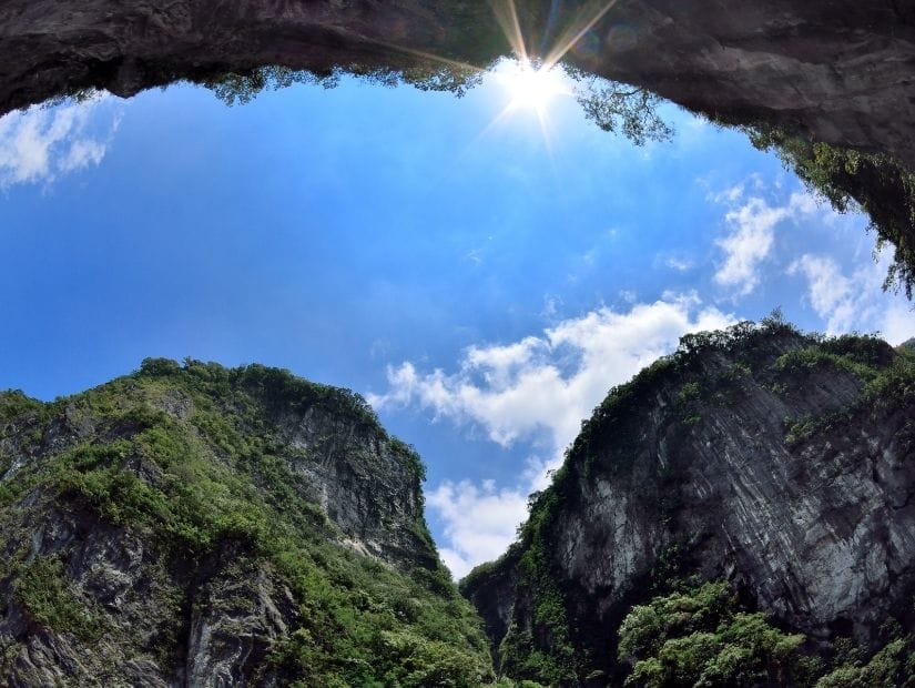 View looking up through Taroko Gorge at the sky and cliffs