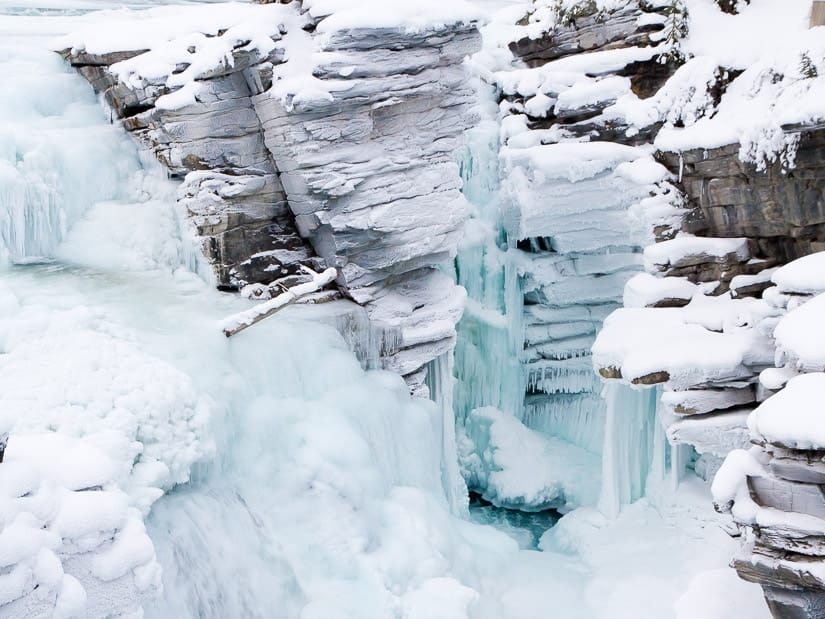 Close up of a frozen waterfall in Jasper, Athabasca Falls