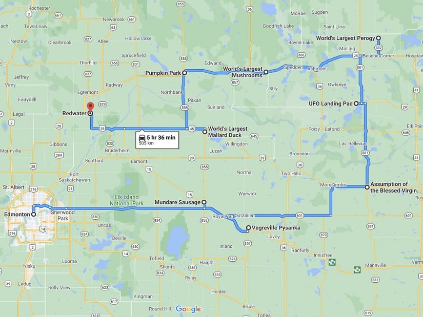 A map of the giants of the prairies that can be visited on a road trip from Edmonton
