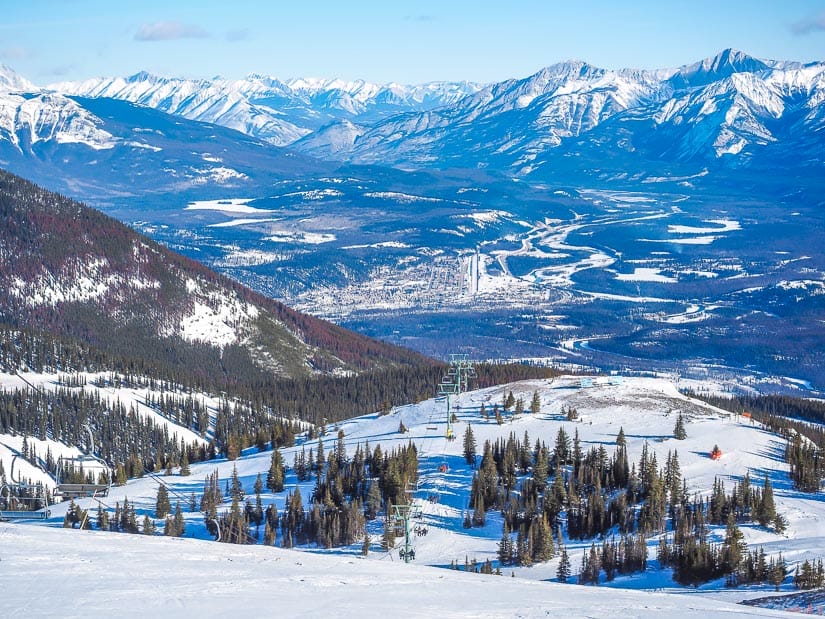View from above of Jasper townsite and some ski slopes at Marmot Basin
