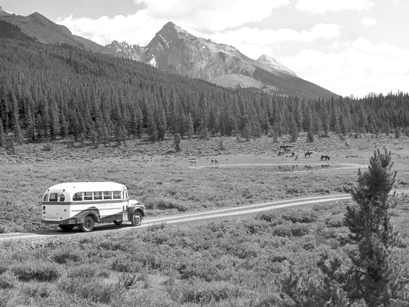 Old photograph of a bus in Jasper National Park