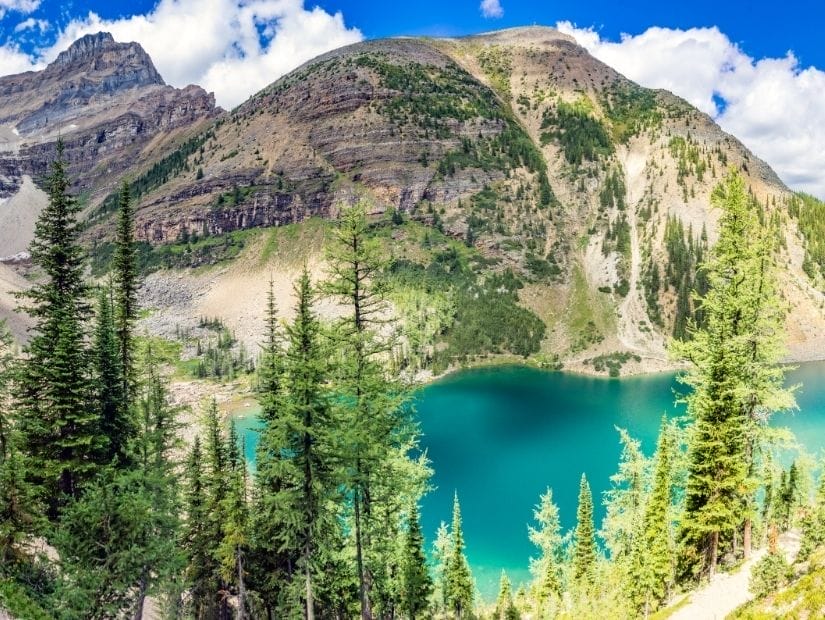 View of green-colored Lake Agnes from above