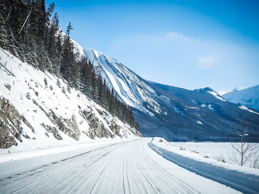 Snow covered Maligne Lake Road in winter