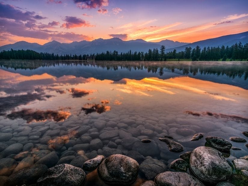 A beautiful sunrise at Mildren Lake in Jasper