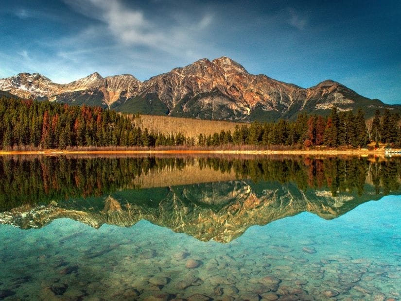 View of Pyramid Mountain reflecting in Patricia Lake, one of the closest lakes to Jasper