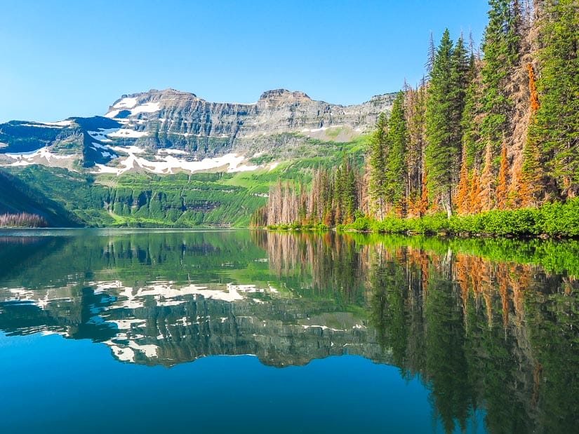 Cameron Lake reflecting on the water in Waterton Lakes National Park