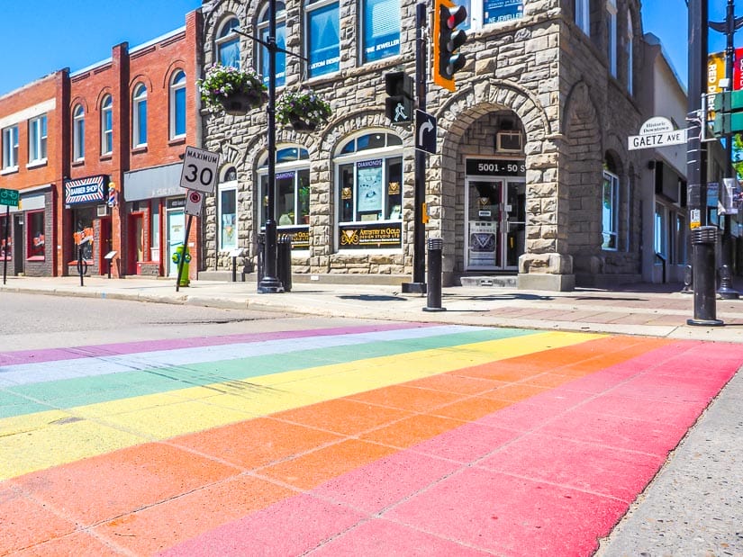 Pride Rainbow on the street on Little Gaetz Ave, a main street in downtown Red Deer