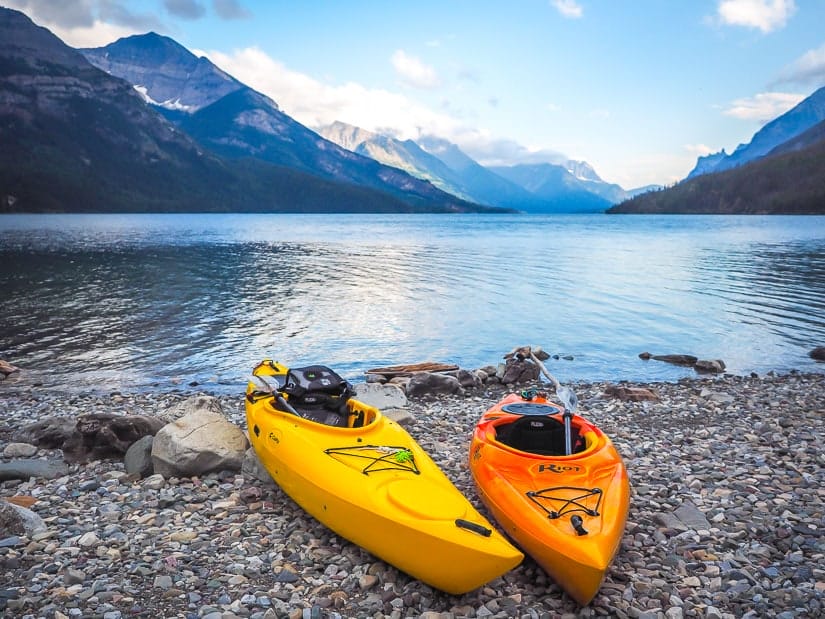 Kayaks on the shore of Upper Waterton Lake