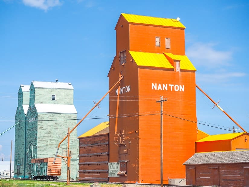 Colorful grain elevators in Nanton, Alberta
