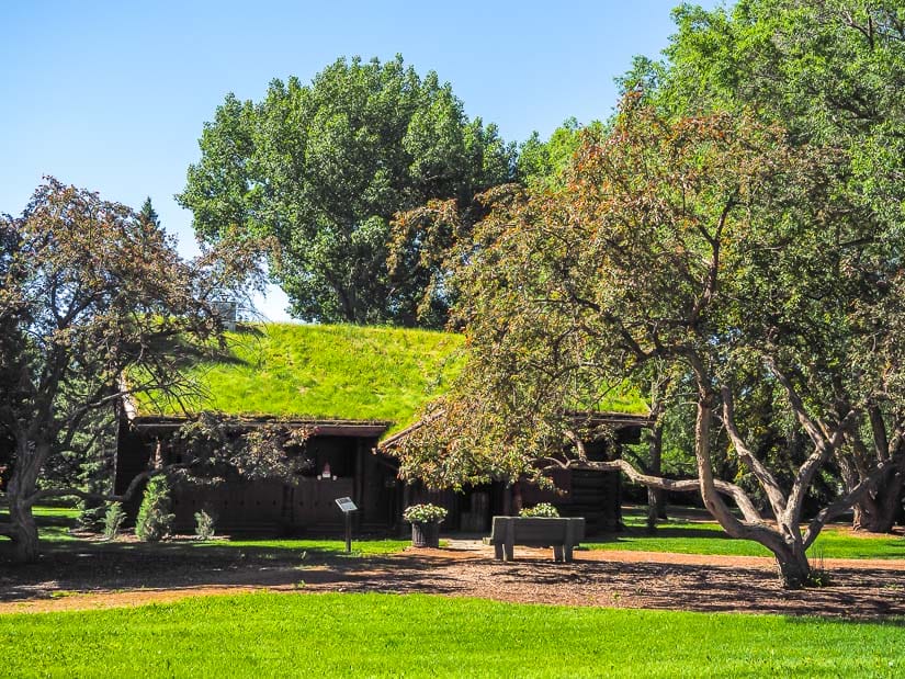 Grass covered roof of Norwegian Laft Hus in Rotary Park, Red Deer