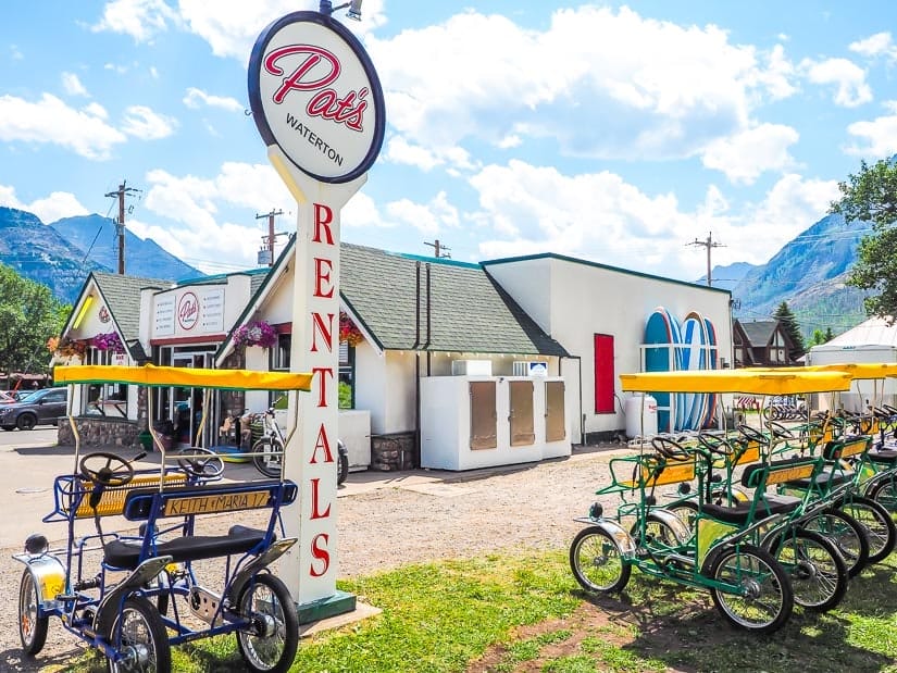Surreys, SUPs, and bicycles outside of Pat's Waterton Gas & Cycle 