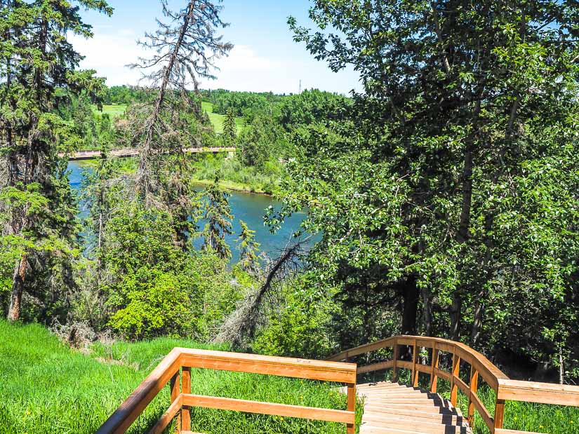 Riverlands Pedestrian Bridge and Red Deer River Valley seen from Heritage Ranch