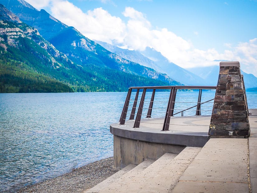 A staircase leading down to a rocky beach in International Peace Park on Upper Waterton Lake