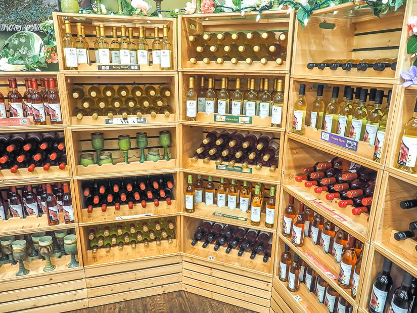 A row of shelves containing numerous bottles of honey wine in Abbotsford