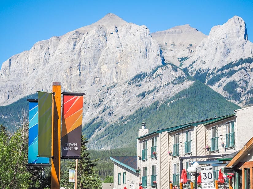 Town centre of Canmore with mountains in the background