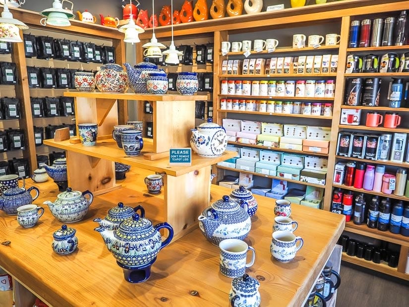 Shelves of tea and teware at Canmore Tea Company